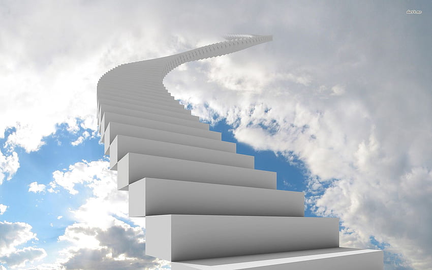 Białe schody zagubione w puszystych chmurach. Schody do nieba, Schody do nieba, Niebo Tapeta HD