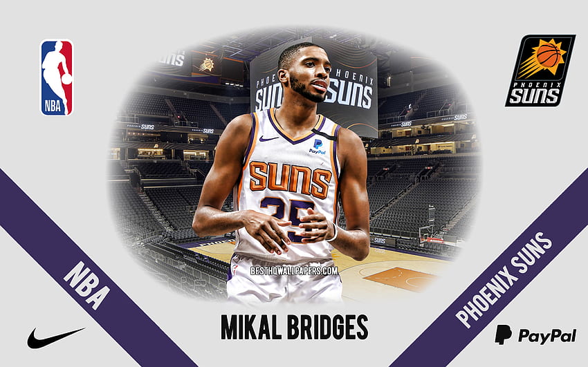 Mikal Bridges, Phoenix Suns, giocatore di basket americano, NBA, ritratto, USA, basket, Phoenix Suns Arena, logo Phoenix Suns Sfondo HD