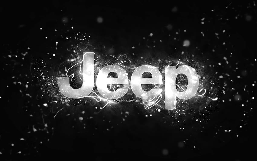 ジープの白いロゴ、白いネオン、創造的な黒の抽象的な背景、ジープのロゴ、車のブランド、ジープ 高画質の壁紙