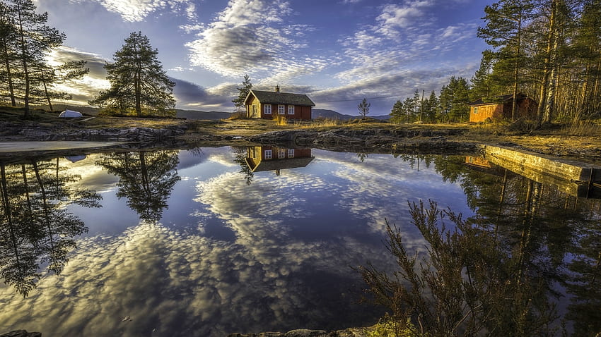 Matahari terbit di Ringerike, Norwegia, pohon, air, pantulan, danau, rumah Wallpaper HD
