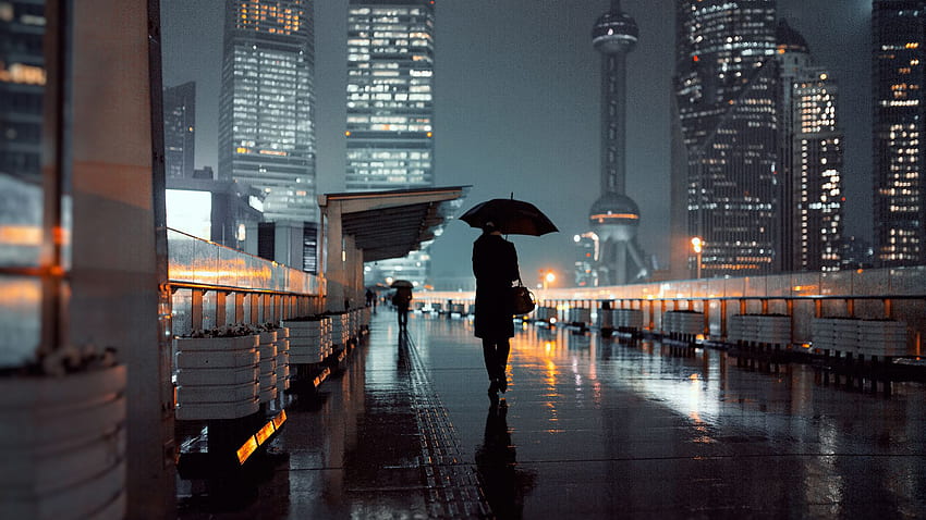 Shanghai China Street Umbrella нощно време HD тапет