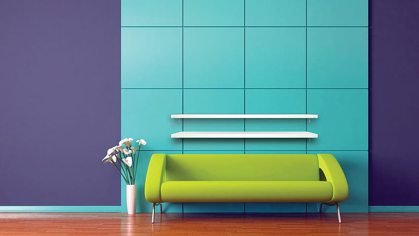 Green Sofa with Shelves : HD wallpaper