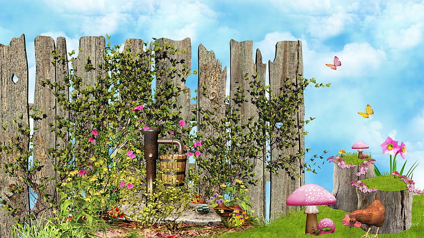 A Fairy Garden, chicken, water pump, stumps, firefox persona, grass, mushrooms, summer, butterflies, ivy, fantasy, clouds, sky, vintage HD wallpaper