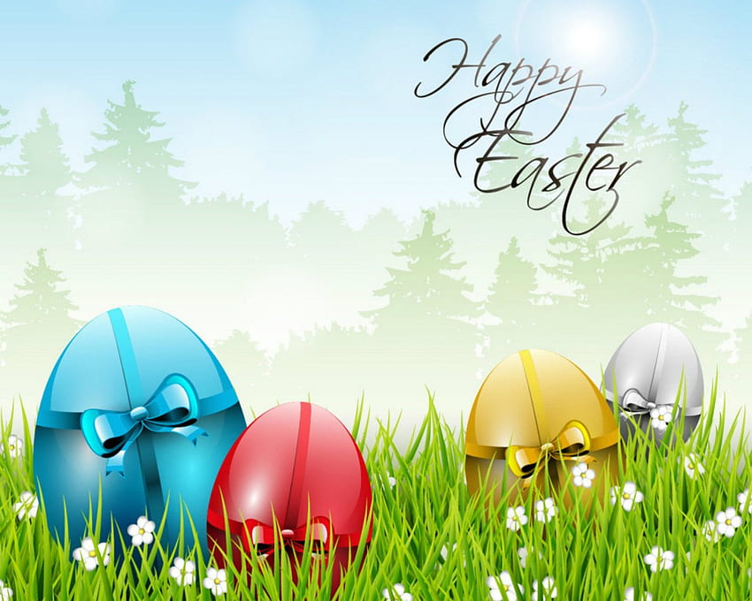 Happy Easter, grass, flowers, Easter, eggs HD wallpaper