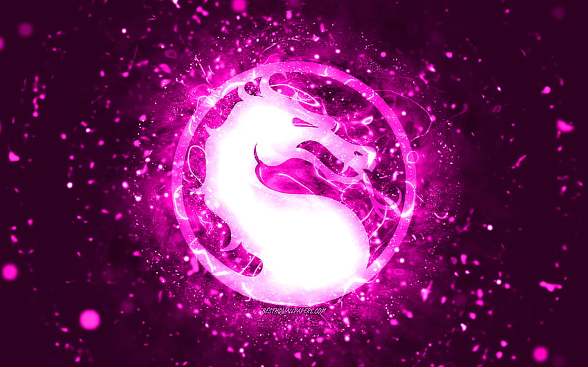 Mortal Kombat purple logo, , purple neon lights, creative, purple abstract background, Mortal Kombat logo, online games, Mortal Kombat HD wallpaper