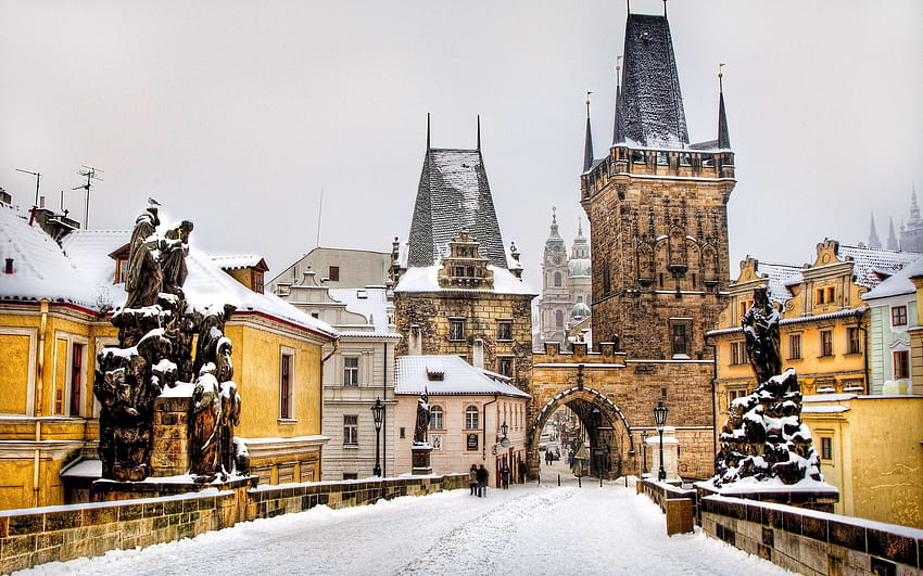 сняг, градски пейзажи, мостове, Европа, Прага, градове, зимна Европа HD тапет