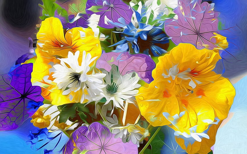 Flowers, blue, white, art, purple, painting, pictura, flower, yellow, texture HD wallpaper