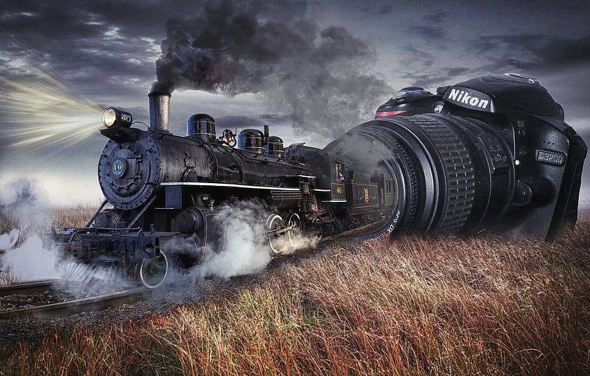 the steppe, rendering, collage, smoke, the engine, railroad, the camera, manipulation for , section рендеринг HD wallpaper