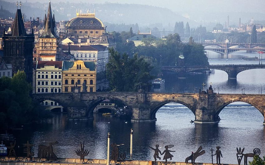 vltava river prague, buildings, bridge, river, figures HD wallpaper