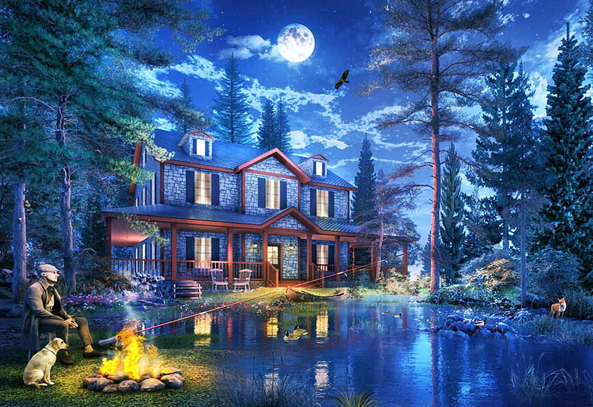 Waiting For a Bite, moon, house, fisherman, clouds, trees, sky, evening, river, artwork, digital HD wallpaper
