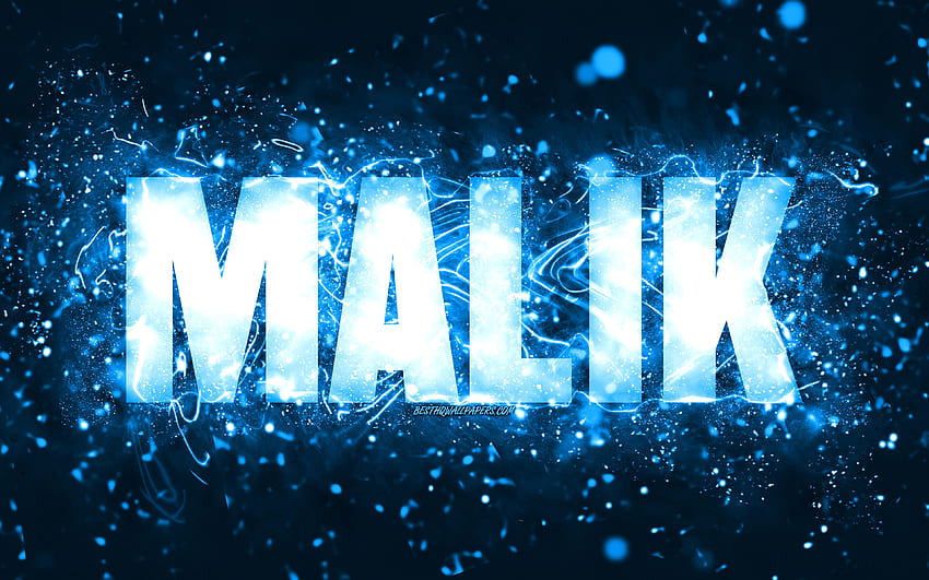 Happy Birtay Malik, luzes de neon azuis, nome Malik, criativo, Malik Happy Birtay, Malik Birtay, nomes masculinos americanos populares, com nome Malik, Malik papel de parede HD