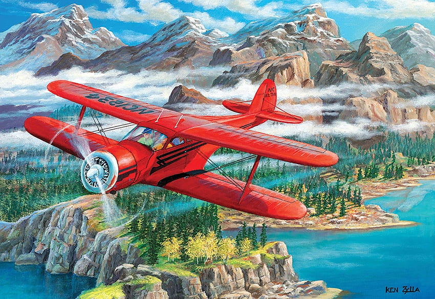 Beechcraft Staggerwing、アートワーク、山、航空機、ビンテージ、絵画 高画質の壁紙