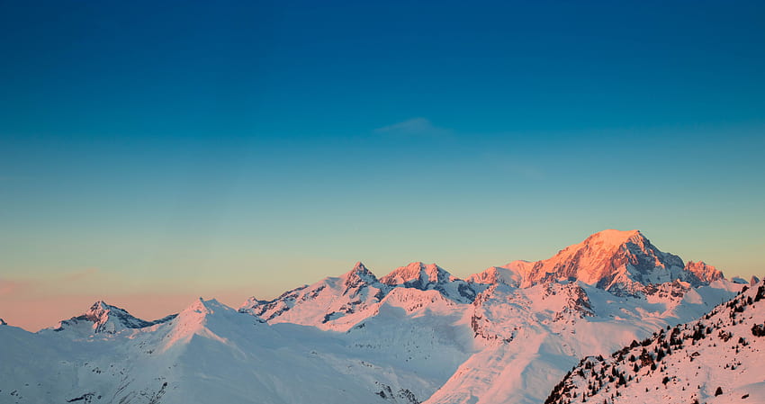 Sunset, horizon, clean sky, glacier, mountains, nature HD wallpaper