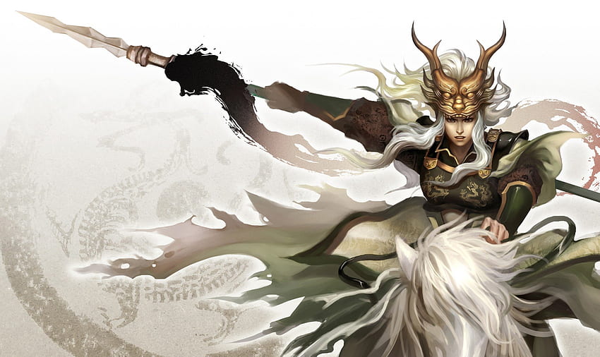 Ma Chao, game, kuda, latar belakang putih, rambut panjang, prajurit dinasti, rambut putih, senjata, video game, tombak, prajurit Wallpaper HD
