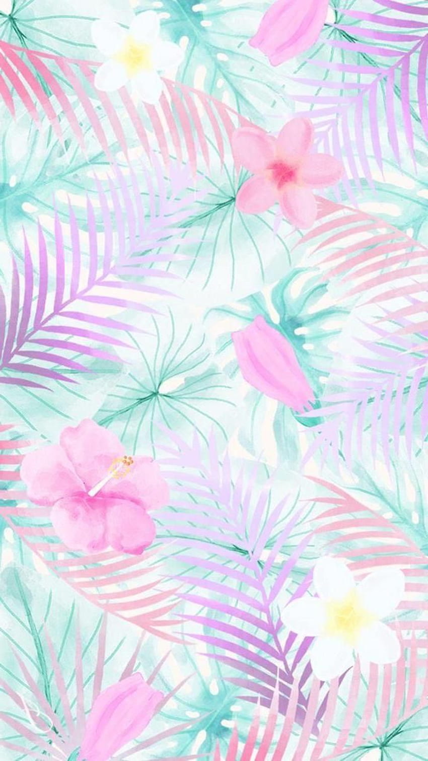 Cute Iphone Watercolor Drawing Floral Palm Leaves Pink Flowers. Watercolor Iphone, Summer , Cute Summer , Watercolor Floral Summer HD phone wallpaper