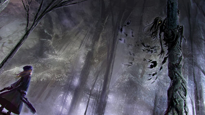 Anime Girl, Dark Forest, Sword, Zombie, Scary para ancha fondo de pantalla