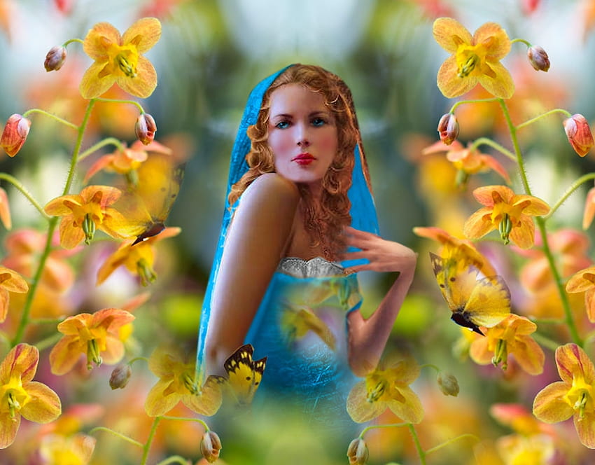 Дама в синьо, момиче, цветя, цветно, синьо, бяло, жизнено, пеперуди, дама, ярко, жълто, ярко, смело HD тапет