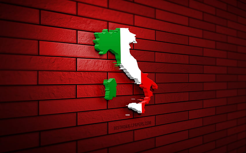 Карта на Италия, червена тухлена стена, европейски страни, силует на карта на Италия, флаг на Италия, Европа, карта на Италия, флаг на Италия, Италия, флаг на Италия, италианска 3D карта HD тапет