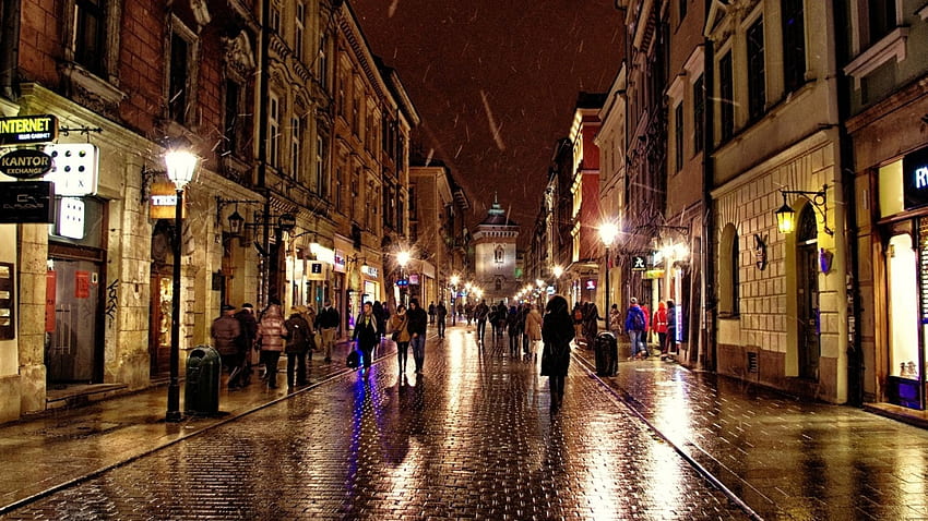 snowy night on a krakaw street, night, cobblestones, city, snow, street, people HD wallpaper