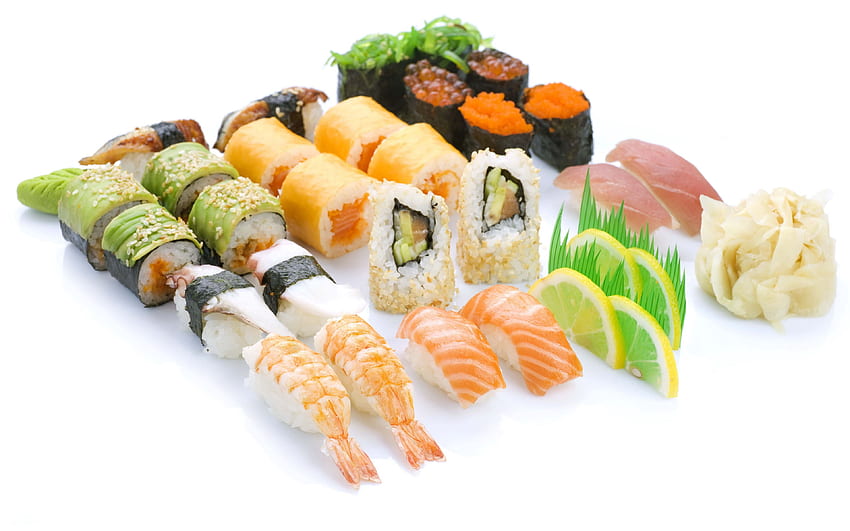 sushi, caviar, seafood, rice, white HD wallpaper