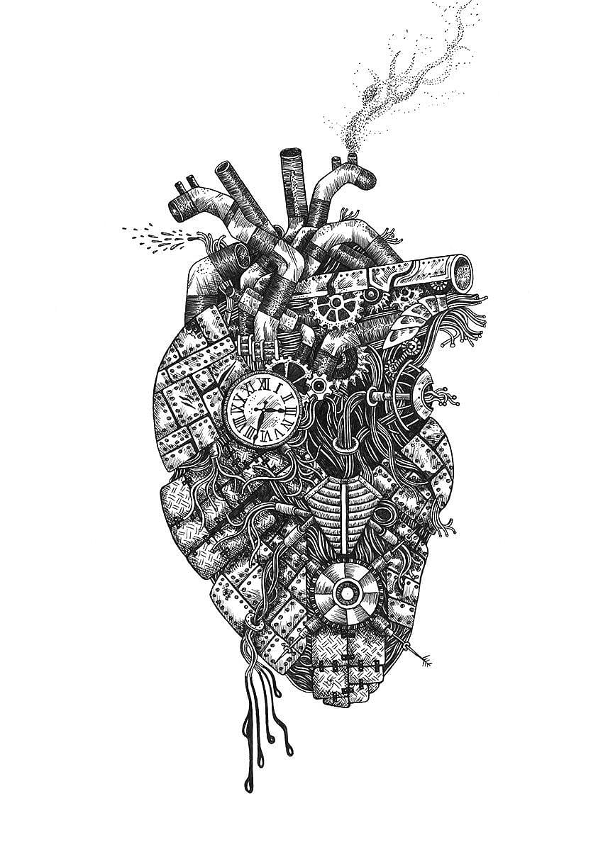Steampunk робот сърце джаджи джаджи мастило черно и бяло. Рисунки с писалка с мастило, рисунка стиймпънк, илюстрация на сърце HD тапет за телефон