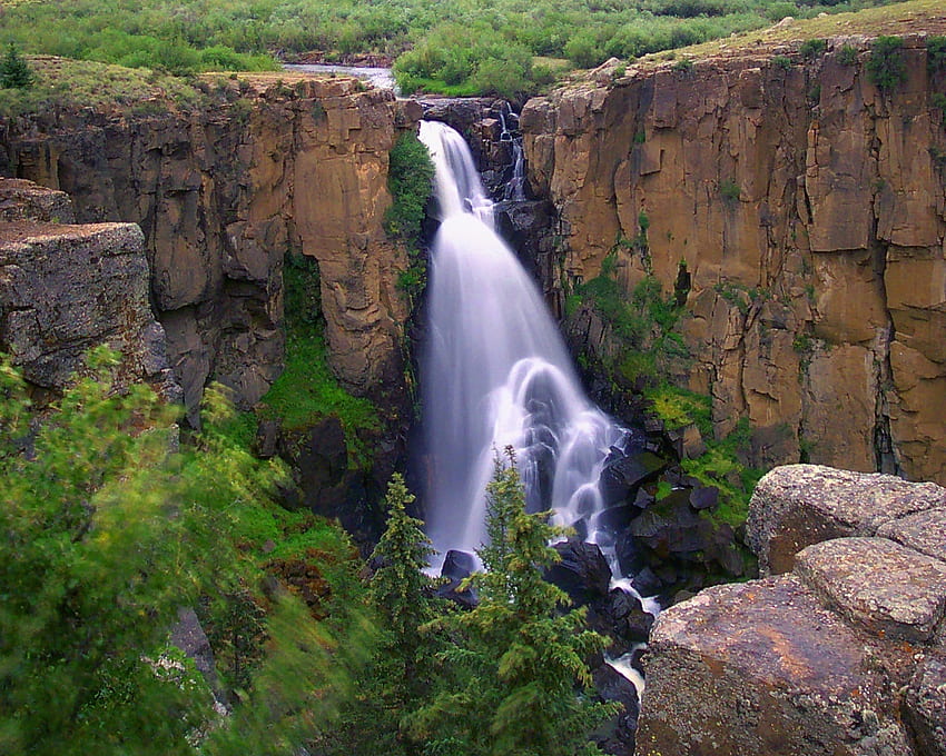Creek falls, falls, forests, nature, rocks HD wallpaper