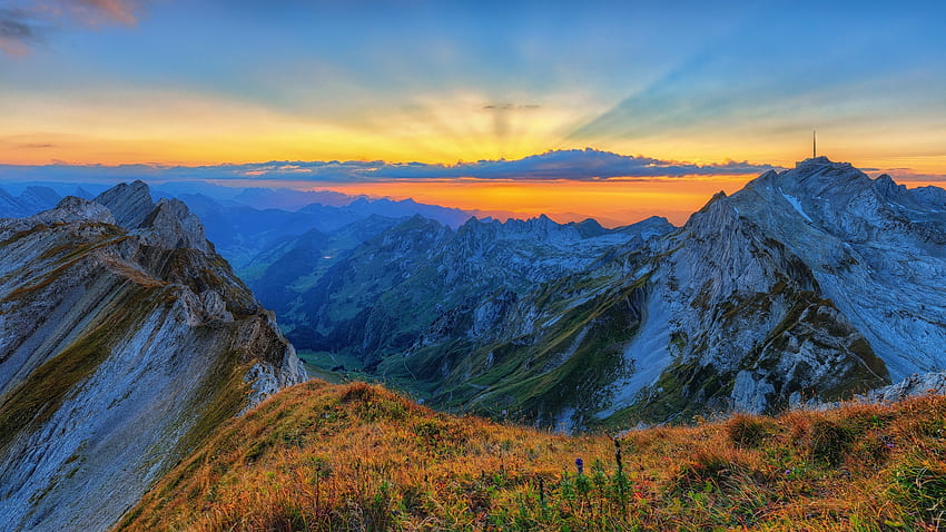 Sunset in the Austrian Alps, austria, colors, clouds, landscape, trees, sky, mountains HD wallpaper