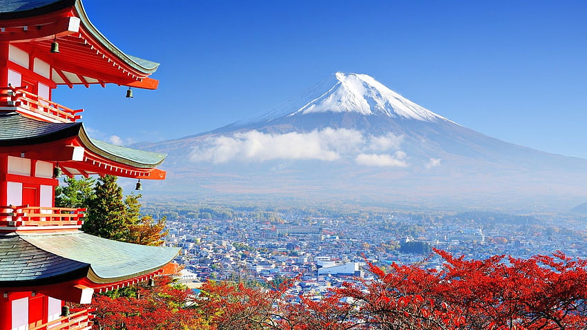 Япония планината Фуджи сграда природа азиатска архитектура дървета, азиатска природа HD тапет