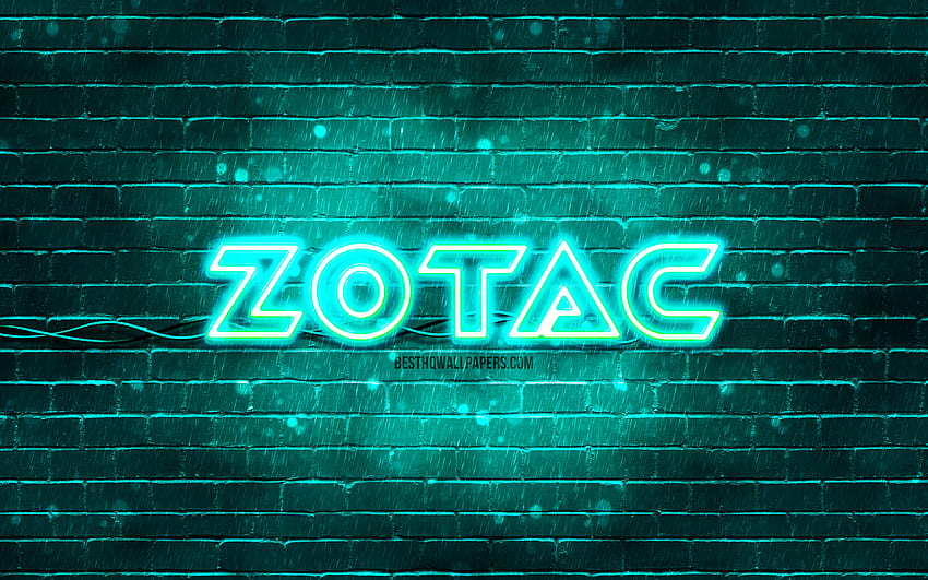 Zotac turquoise logo, , turquoise brickwall, Zotac logo, brands, Zotac neon logo, Zotac HD wallpaper