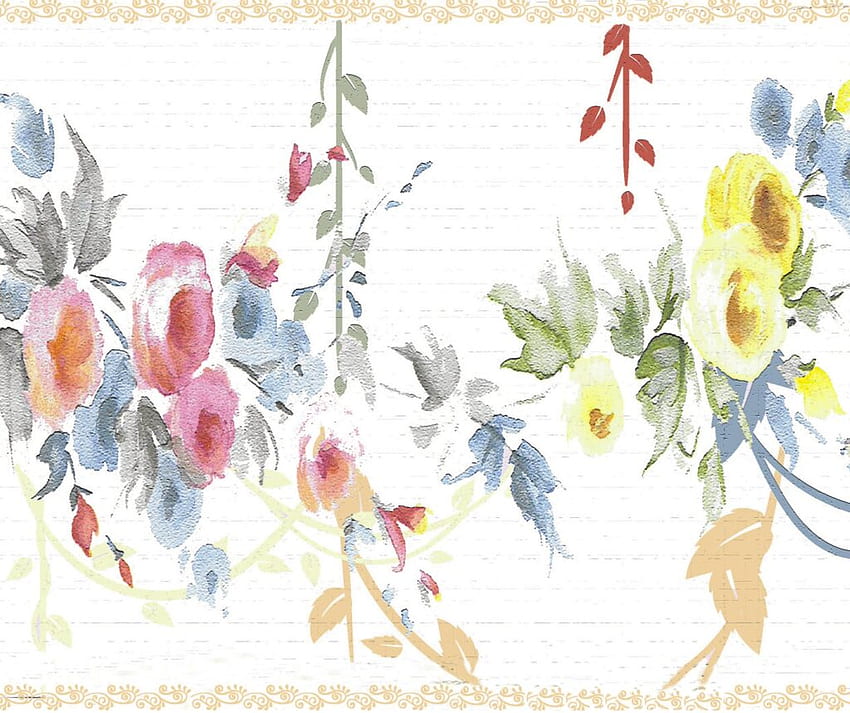 Bordüre zum Abziehen und Aufkleben – florale gelbe, rosa, himmelblaue Blumen auf Weinranken-Wandbordüre, Retro-Design, 15 Fuß x 7 Zoll (4,57 m x 17,78 cm), selbstklebend HD-Hintergrundbild