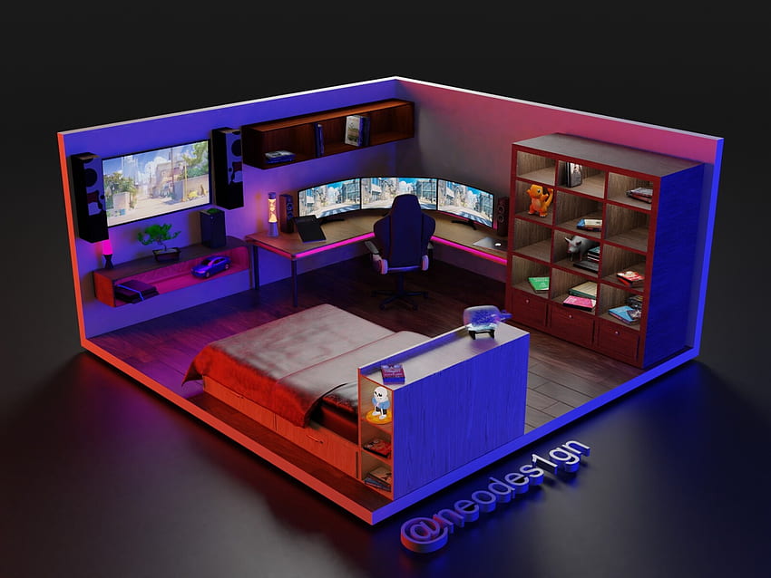 ArtStation - Стая Аниме Гейминг настройки 3D модели с нисък поли, Нео дизайн, Стая за аниме геймъри HD тапет