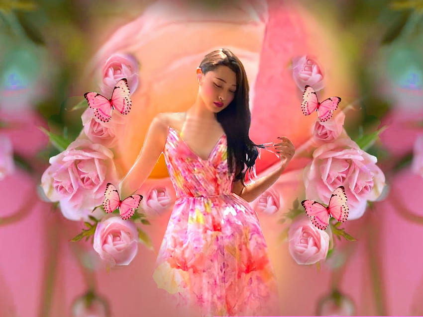 Perfectly Pink Ladies 1, kolorowy, czarny, żywy, dziewczynka, pomarańczowy, sukienka, motyle, różowy, żywy, zielony, żółty, jasny, odważny, kwiaty Tapeta HD