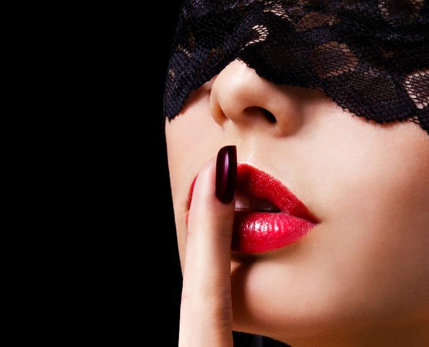 Shhh, black, mask, red, face, lips, girl, woman HD wallpaper