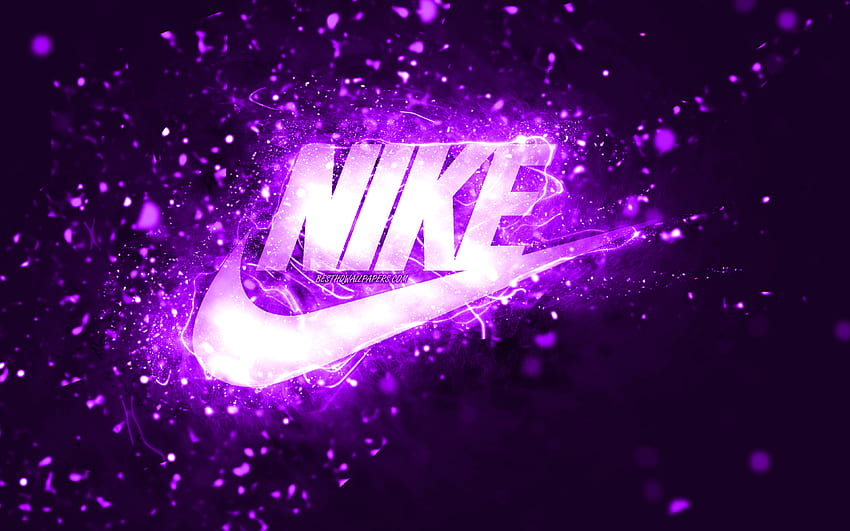 Nike violet logo, , violet neon lights, creative, violet abstract background, Nike logo, fashion brands, Nike HD wallpaper