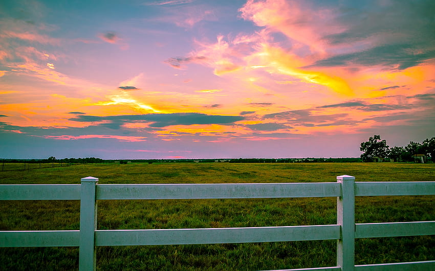 Central Texas Sunset, open, graphy, Texas, golden hour, peaceful, serene, beauty, rail, quiet, twilight, scenic, fence, road, sunset, travel, skies, USA, orange, purple, pink, backroads, yellow, nature HD wallpaper