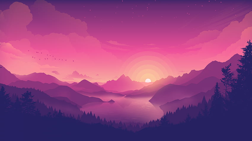 Lakeside , Pink sky, Sunset, Minimal art, Nature, Minimal Scenery HD wallpaper