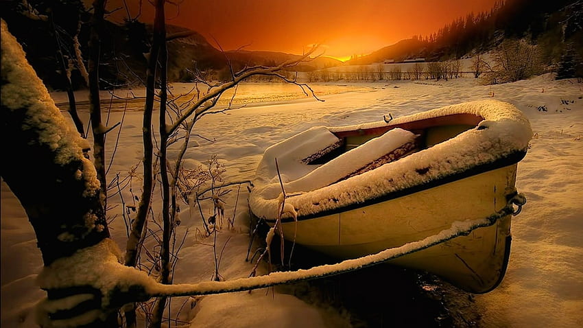Boat Ice, night, winter, boat, cenic, awesome, rope, colors, sunrise, nice, twilight, scenery, snow, trees, scenario, sunset, white, cold, landscape, lake, dawn, icy, nature, ice, beauty, day, amazing, scene, frozen, beautiful, seasons, orange, branches, cool HD wallpaper