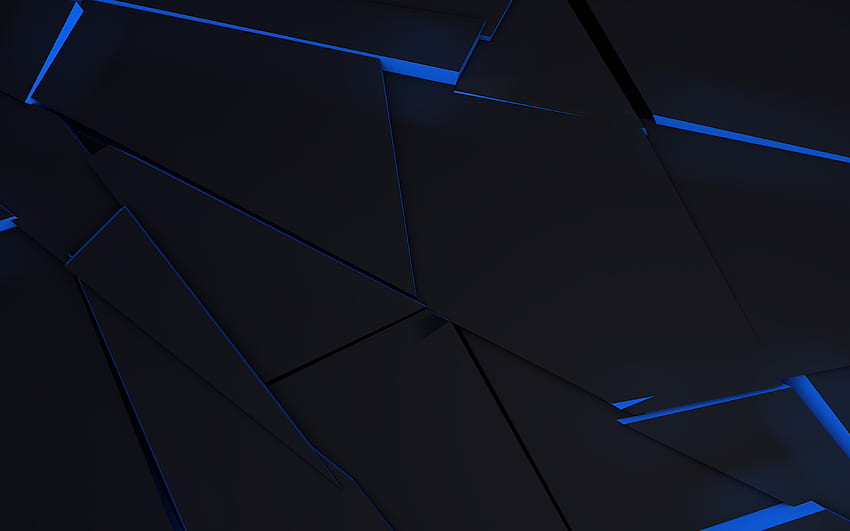 frammenti 3D neri, luce al neon blu, forme geometriche, arte creativa e geometrica, astratto nero, trame di frammenti, frammenti Sfondo HD
