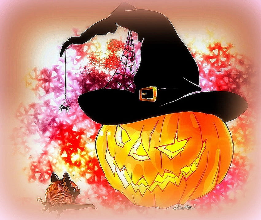 Pumpkin Witch & Flowers, macabre, cute, bat, spider, digital art, spiderweb, halloween, holiday, drawings, pumpkin, October 31st, witch hat, weird things people wear, paintings, lovely flowers, creative pre-made, horror, nature, flowers, lovely HD wallpaper