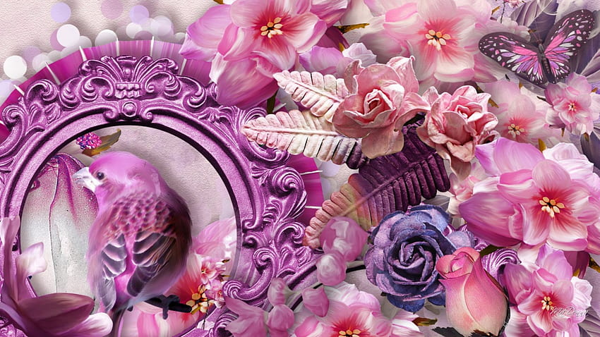 Flowerful Pink Bird, bokeh, bird, roses, floral, fern, purple, pink, decoration, butterfly, lavender, flowers HD wallpaper