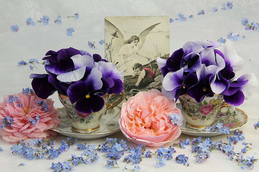 Tea for Two, blue, roses, cups, pansies, purple, pink, saucers, pretty, forget me nots HD wallpaper