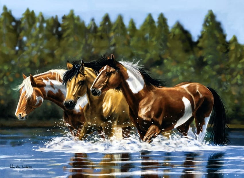Fording the River - Horses F1, river, animal, horse, art, beautiful, artwork, wide screen, painting, equine HD wallpaper