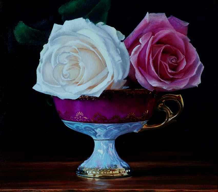 Guy-Anne Massicotte * Tasse ancienne et roses, rose, painting, art, guy-anne massicotte, flower HD wallpaper