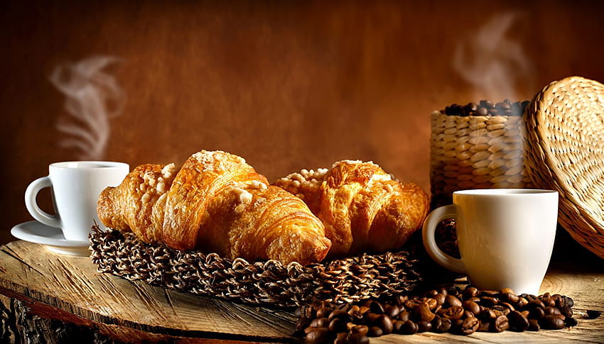 커피 크루아상 곡물 컵 식품 증기, 베이커리 HD 월페이퍼