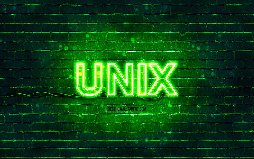 Unix の緑のロゴ、緑のブリックウォール、Unix のロゴ、オペレーティング システム、Unix のネオンのロゴ、Unix 高画質の壁紙
