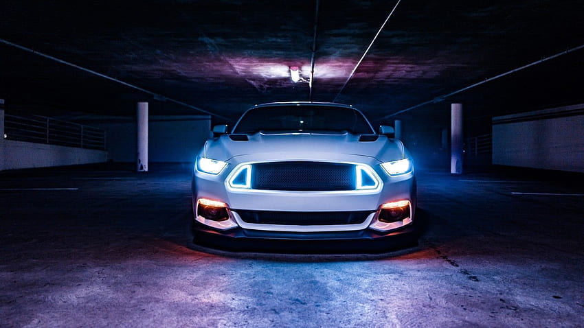 Ford Mustang, Front View, Garage, Neon Lights, 1536X864 Cars HD wallpaper