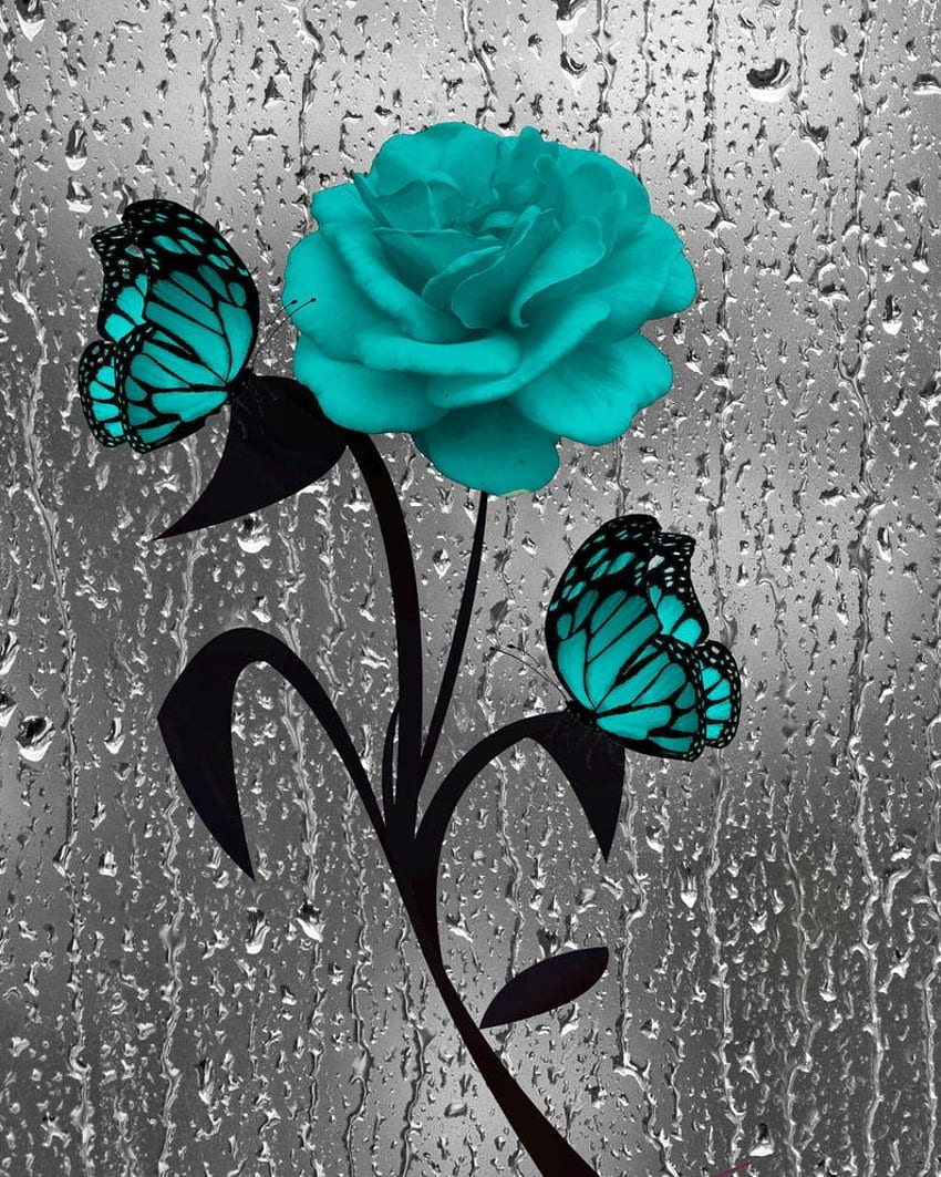 Turkuaz Gül Çiçeği Kelebek Yağmur Damlaları Banyo Pudrası. Etsy. Teal banyo dekoru, Gri duvar sanatı, Kelebek leri ve Teal Rose HD telefon duvar kağıdı