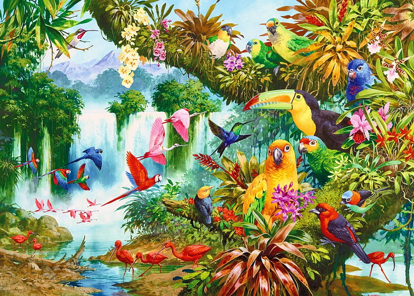 Tropical paradise, island, colorful, tropical, exotic, paradise, beautiful, summer, parrots, pretty, animals, waterfall, trees HD wallpaper