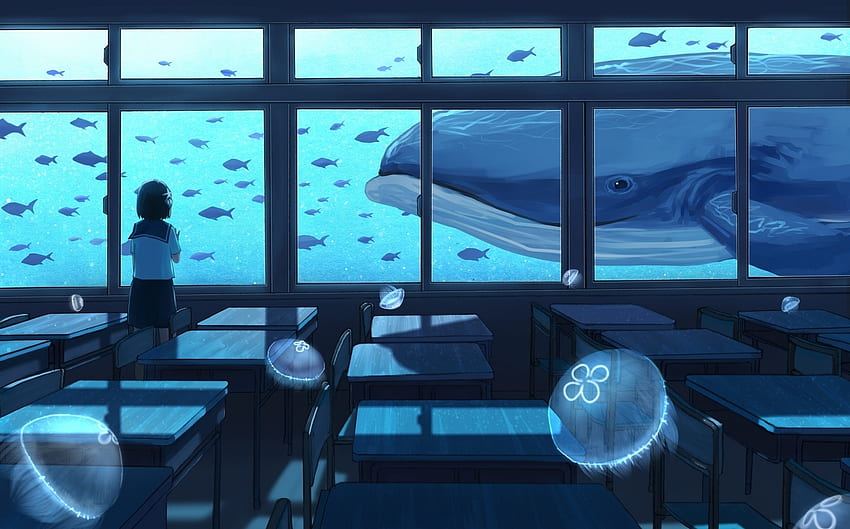 Ins Blau, Blau, Wal, Gensuke, Qualle, Mädchen, Anime, Klasse, Schule, Luminos, Wasser, Manga HD-Hintergrundbild