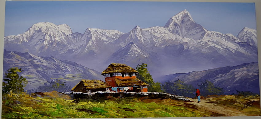 Pinturas de Nepal: Pokhara. Ciudad de acuarela, Pintura de montaña acrílica, Cuadros de montaña fondo de pantalla